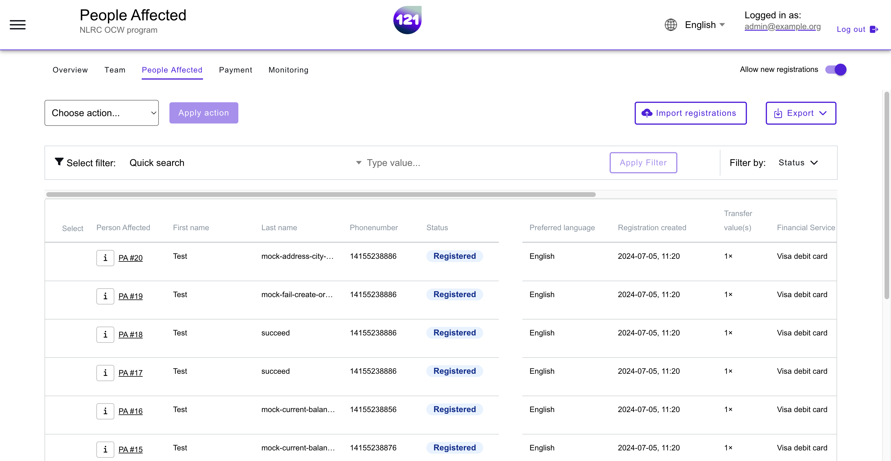 Registration and Validation page