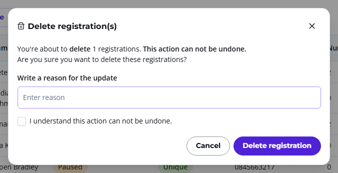 Delete registration(s) pop-up