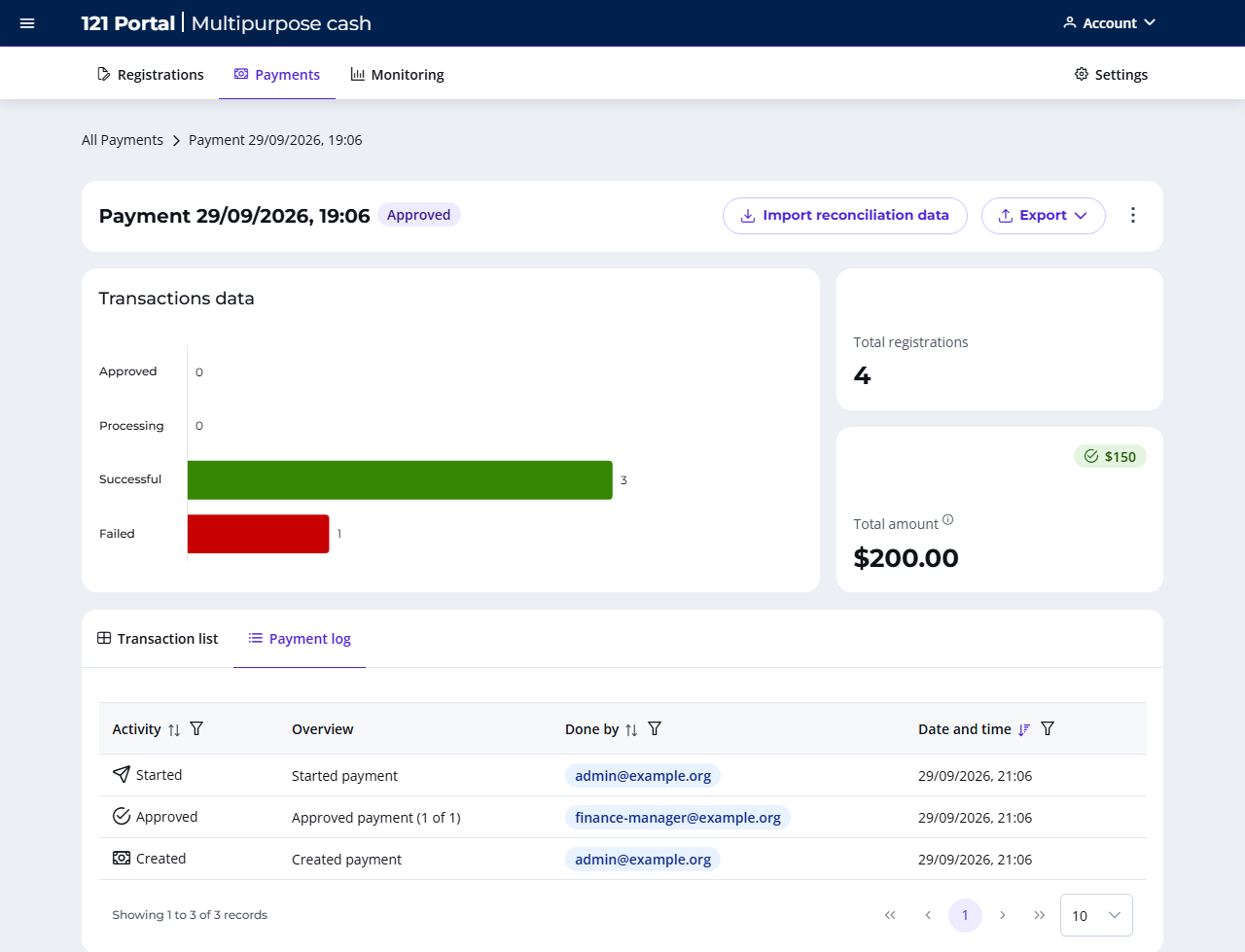 Payment log tab of a payment
